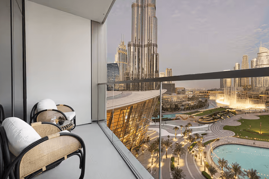 Luxury apartment balcony overlooking Dubai