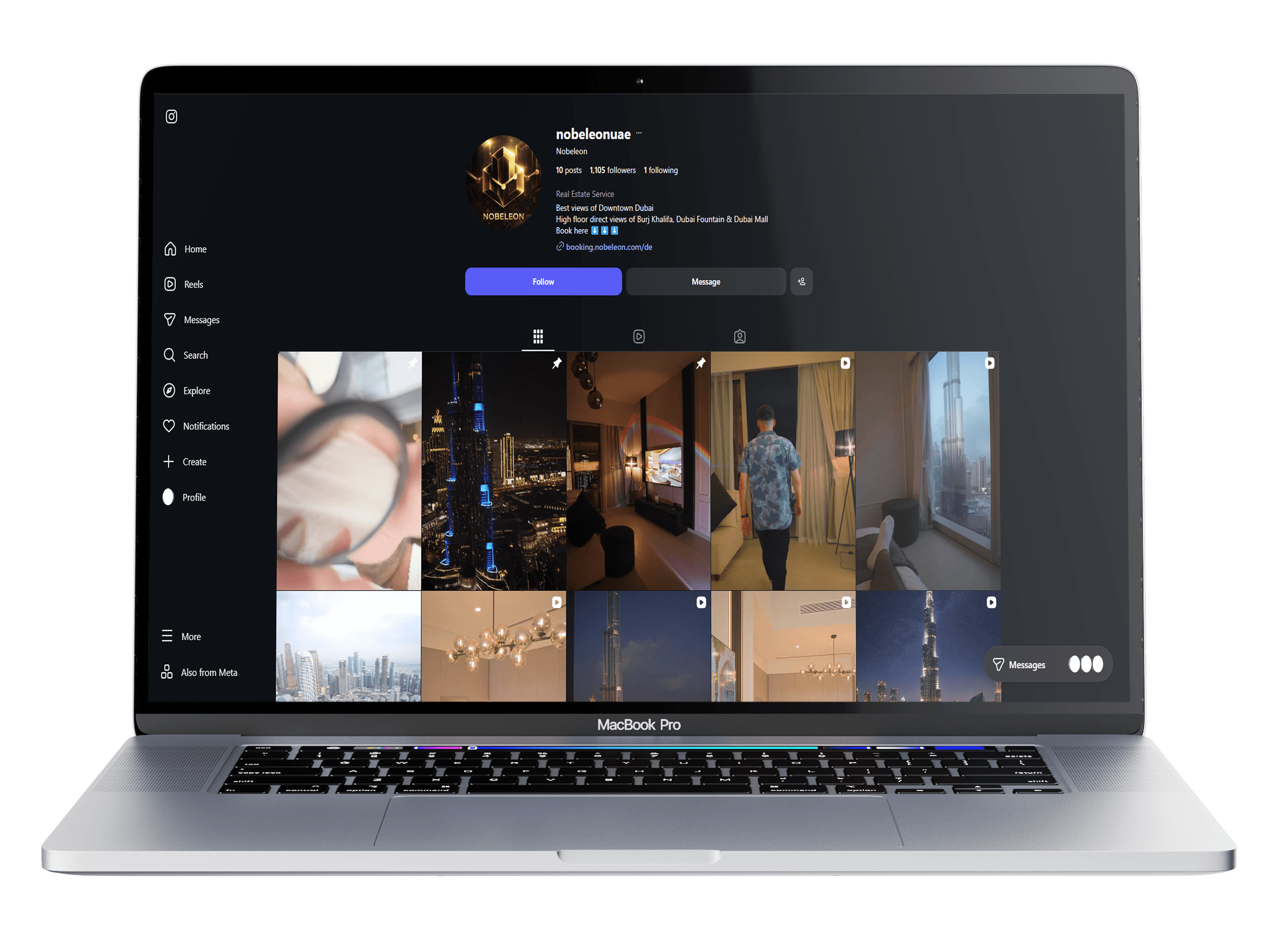 NOBELEON Instagram content grid preview on a laptop